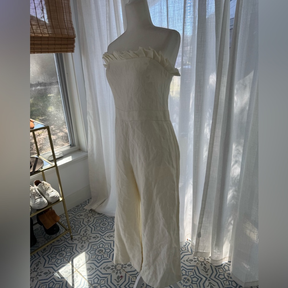 ALEXIS Linen Strapless Wide Leg Jumpsuit Cream Ruffle Top XL (no belt) - Picture 5 of 15